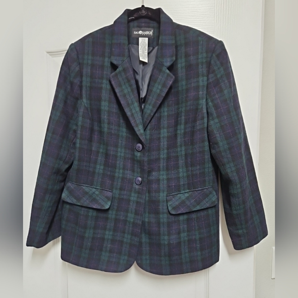 Sag Harbor Plaid Blazer 12P Petite Blue Green Tartan Blazer.
